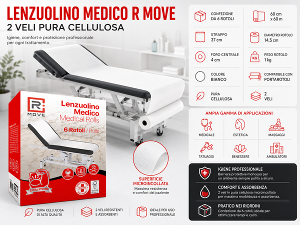 Lenzuolino Medico RMove 2 Veli Pura Cellulosa 60 cm x 60 m – Confezione da 6 Rotoli